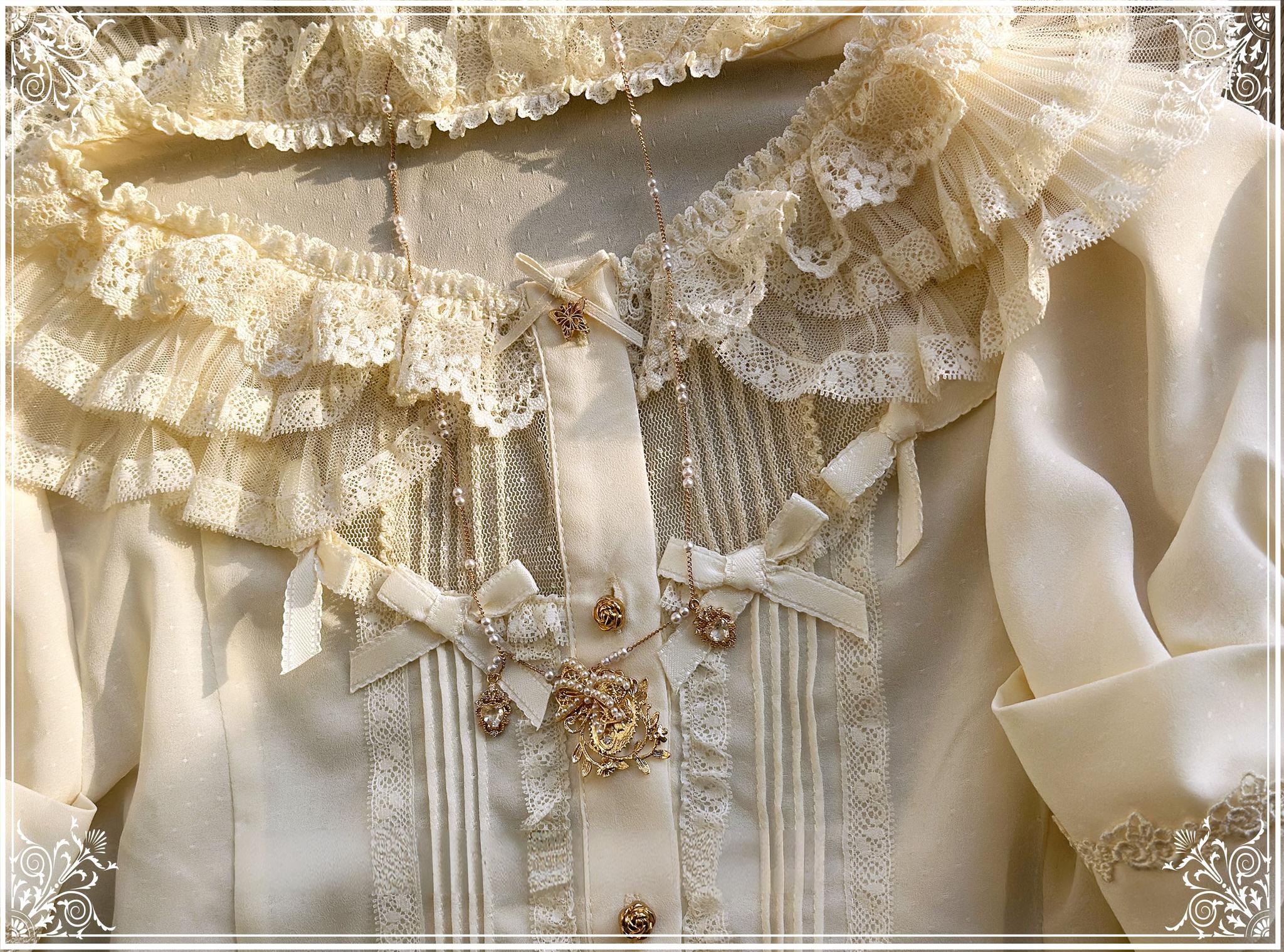 Butterfly Shadow - Elegant Lolita Hime Sleeve Blouse, Rose & Butterfly Button - Image 3