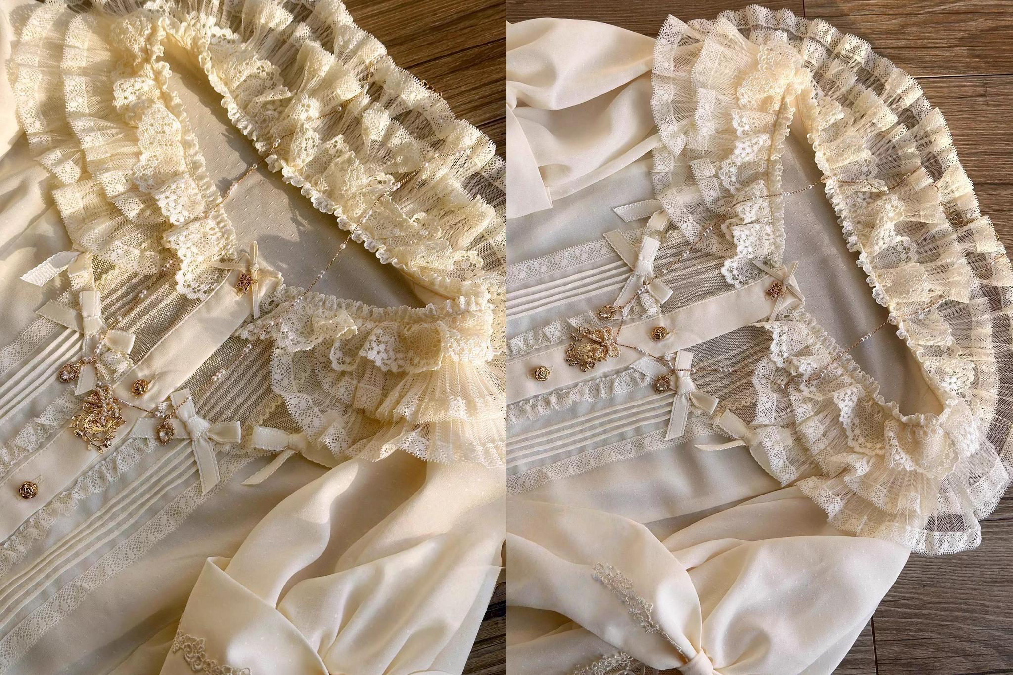 Butterfly Shadow - Elegant Lolita Hime Sleeve Blouse, Rose & Butterfly Button - Image 4