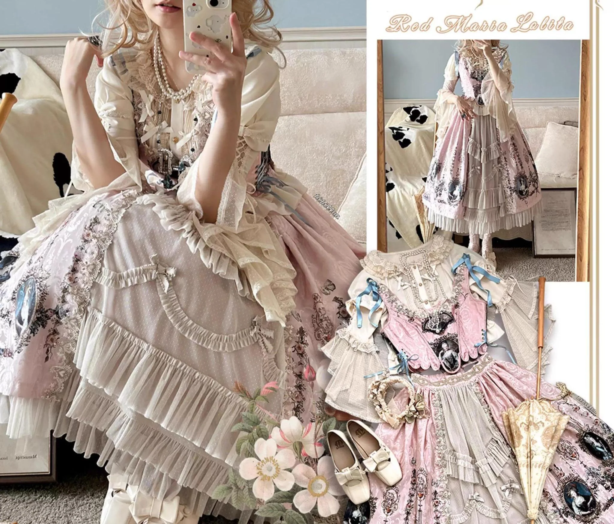 Butterfly Shadow - Elegant Lolita Hime Sleeve Blouse, Rose & Butterfly Button - Image 5