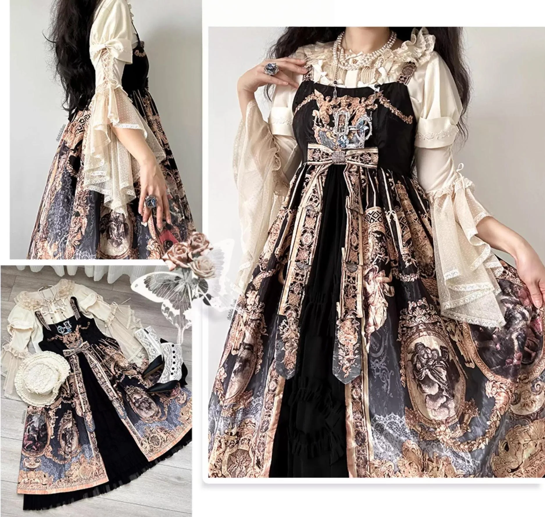 Butterfly Shadow - Elegant Lolita Hime Sleeve Blouse, Rose & Butterfly Button - Image 7