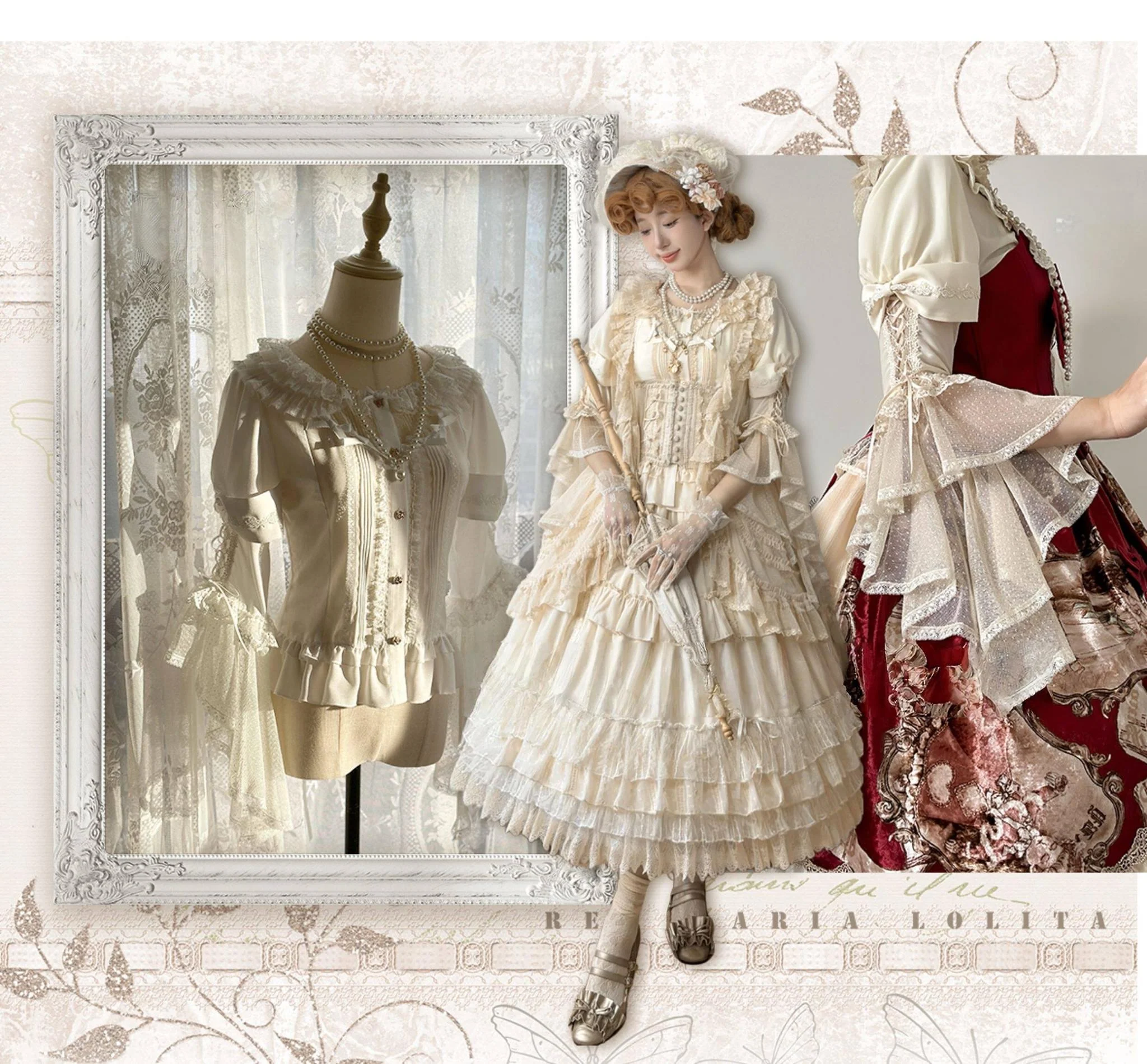 Butterfly Shadow - Elegant Lolita Hime Sleeve Blouse, Rose & Butterfly Button - Image 9