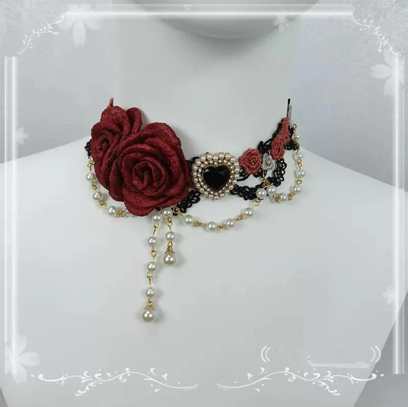 Elegant Lolita Necklace Rose Gemstones and Pearl Necklace
