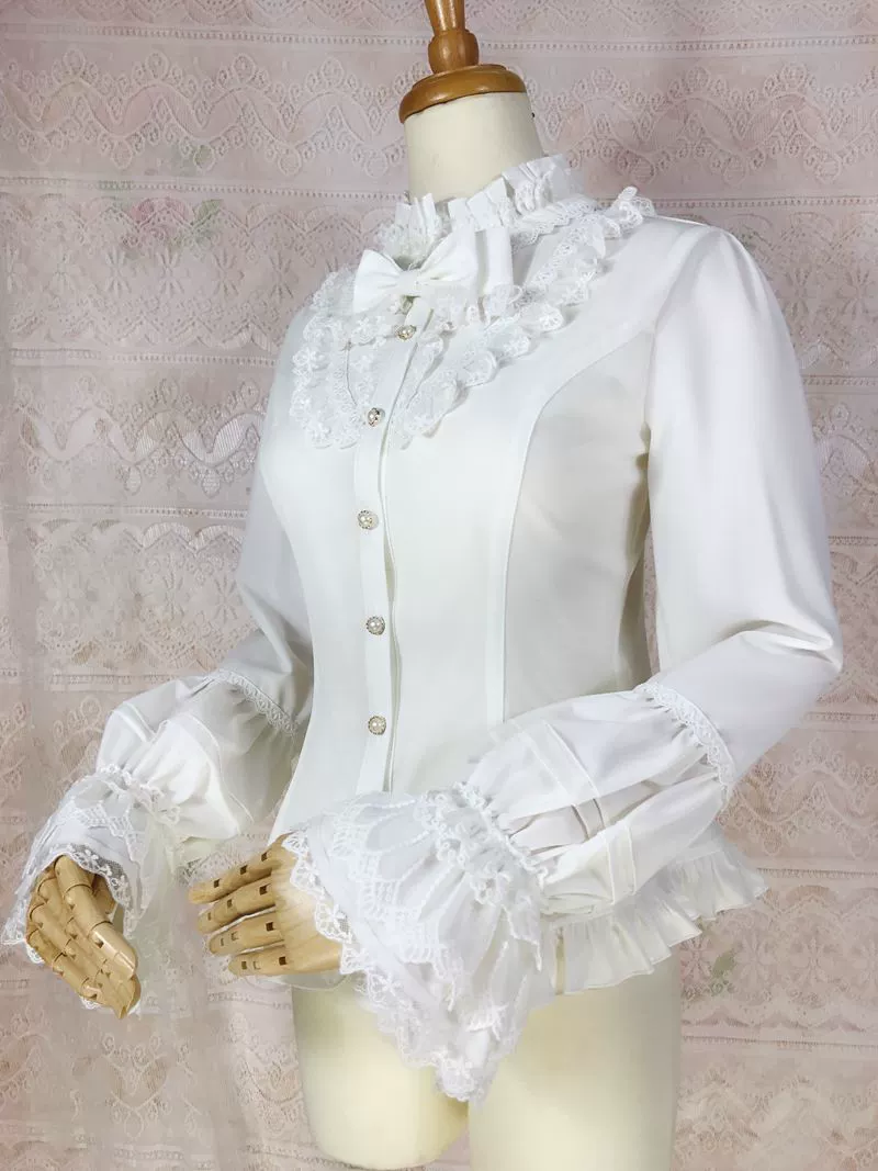 Yilia Lolita - Elegant Lolita Shirt Stand Collar Long Puff Sleeve Blouse - Image 3
