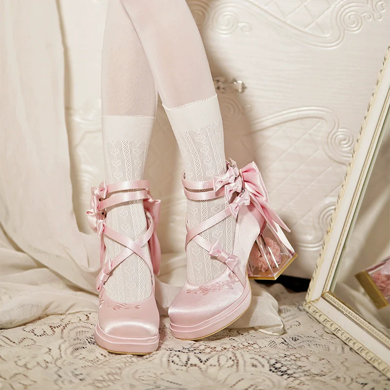 Panda Bear - Glass Floral House - Elegant Lolita Shoes,Transparent Heels with 3D Floral - Image 11