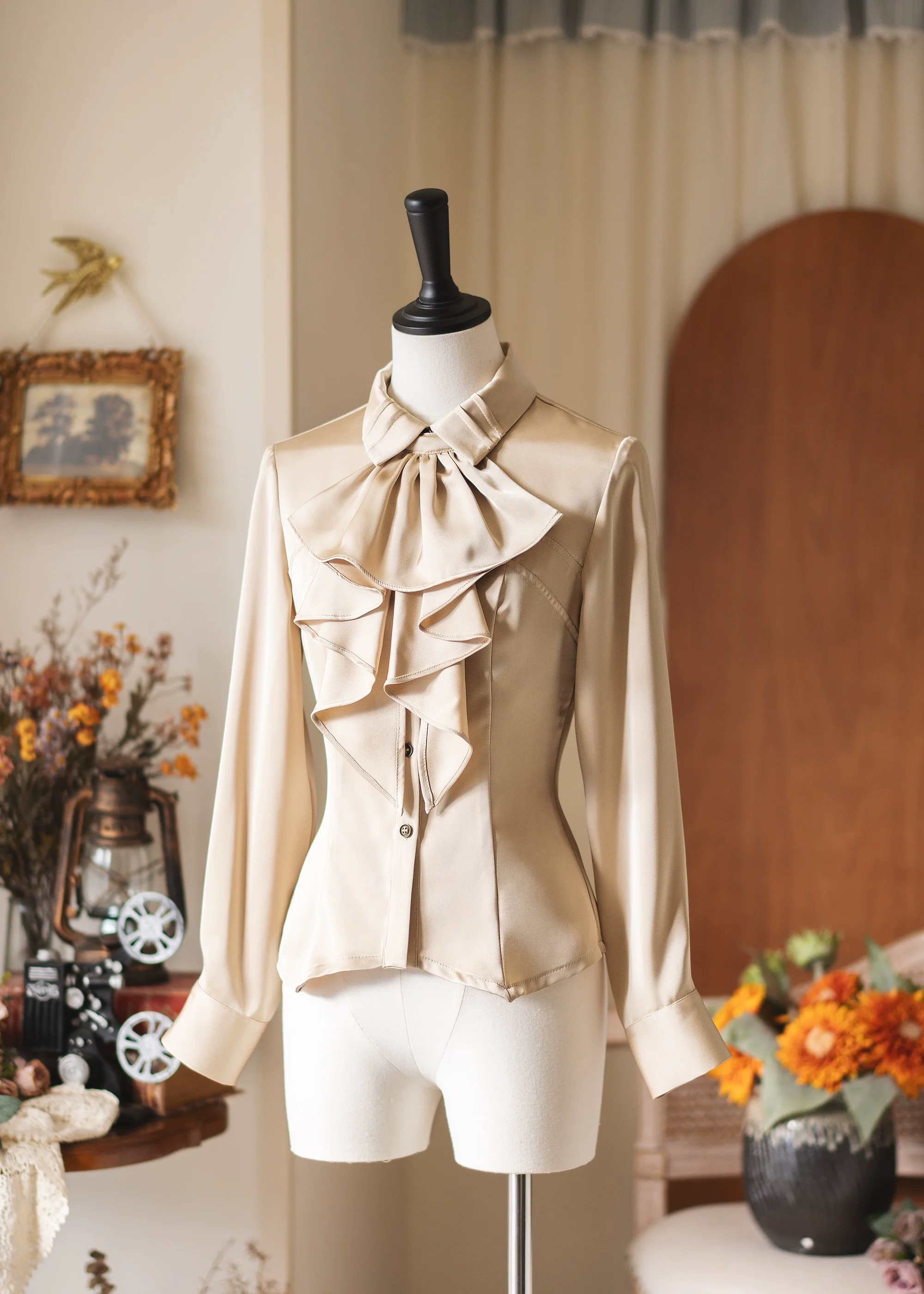 Forest Dew - Elegant Lolita Slim Fit Shirt, Detachable Jabot - Image 2