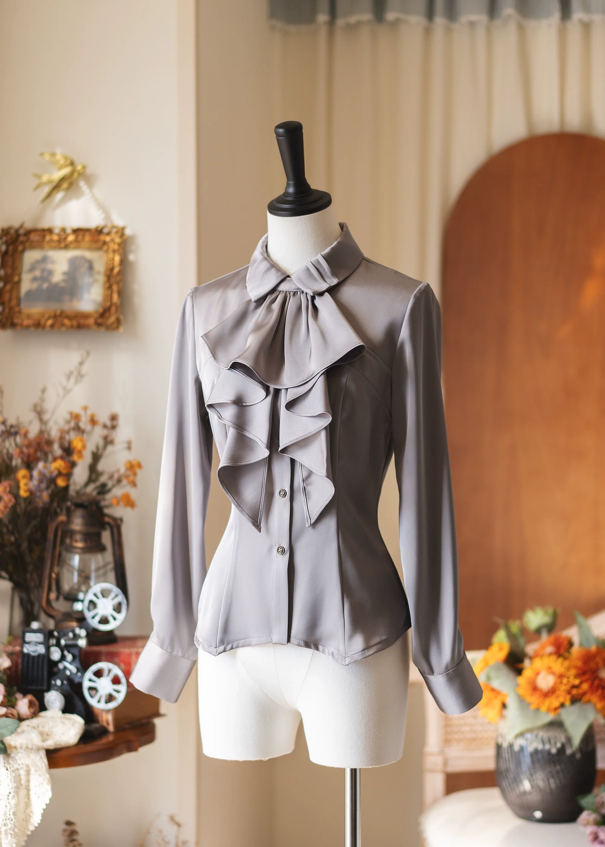 Forest Dew - Elegant Lolita Slim Fit Shirt, Detachable Jabot - Image 3