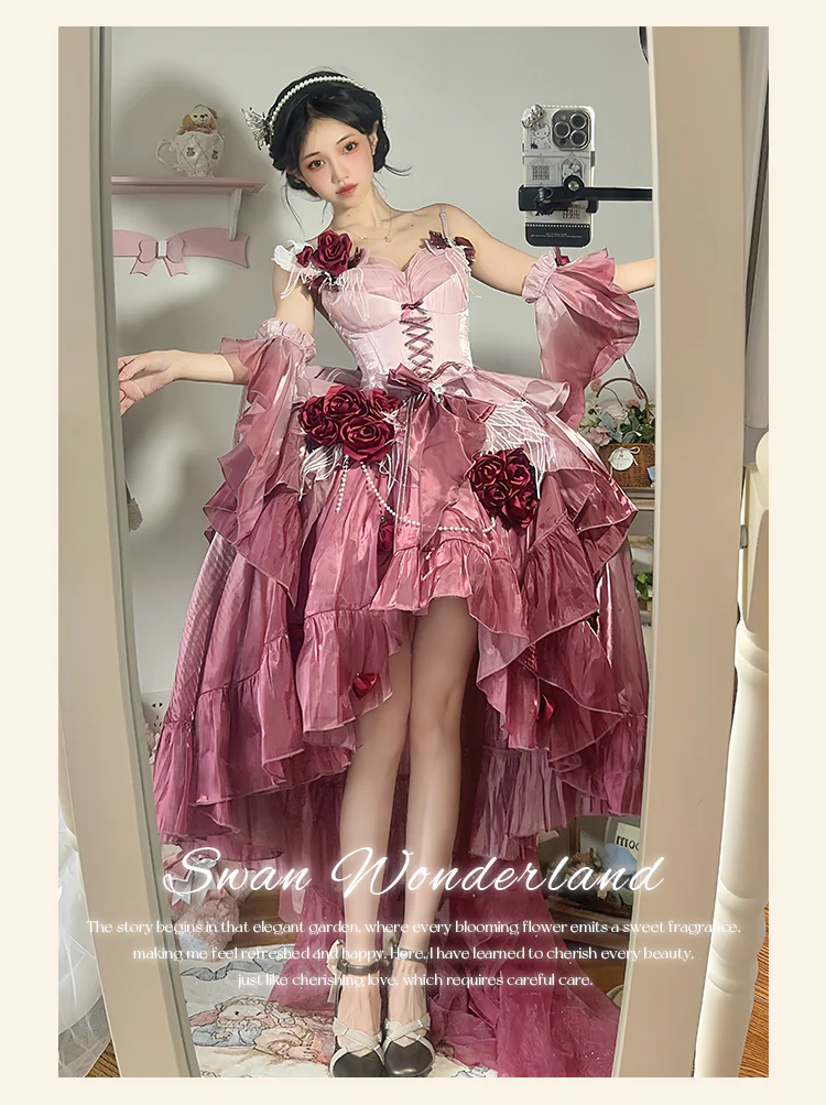 Meowing and Fruity - Swan Wonderland - Fairy Lolita JSK with High-Low Hem - Image 7