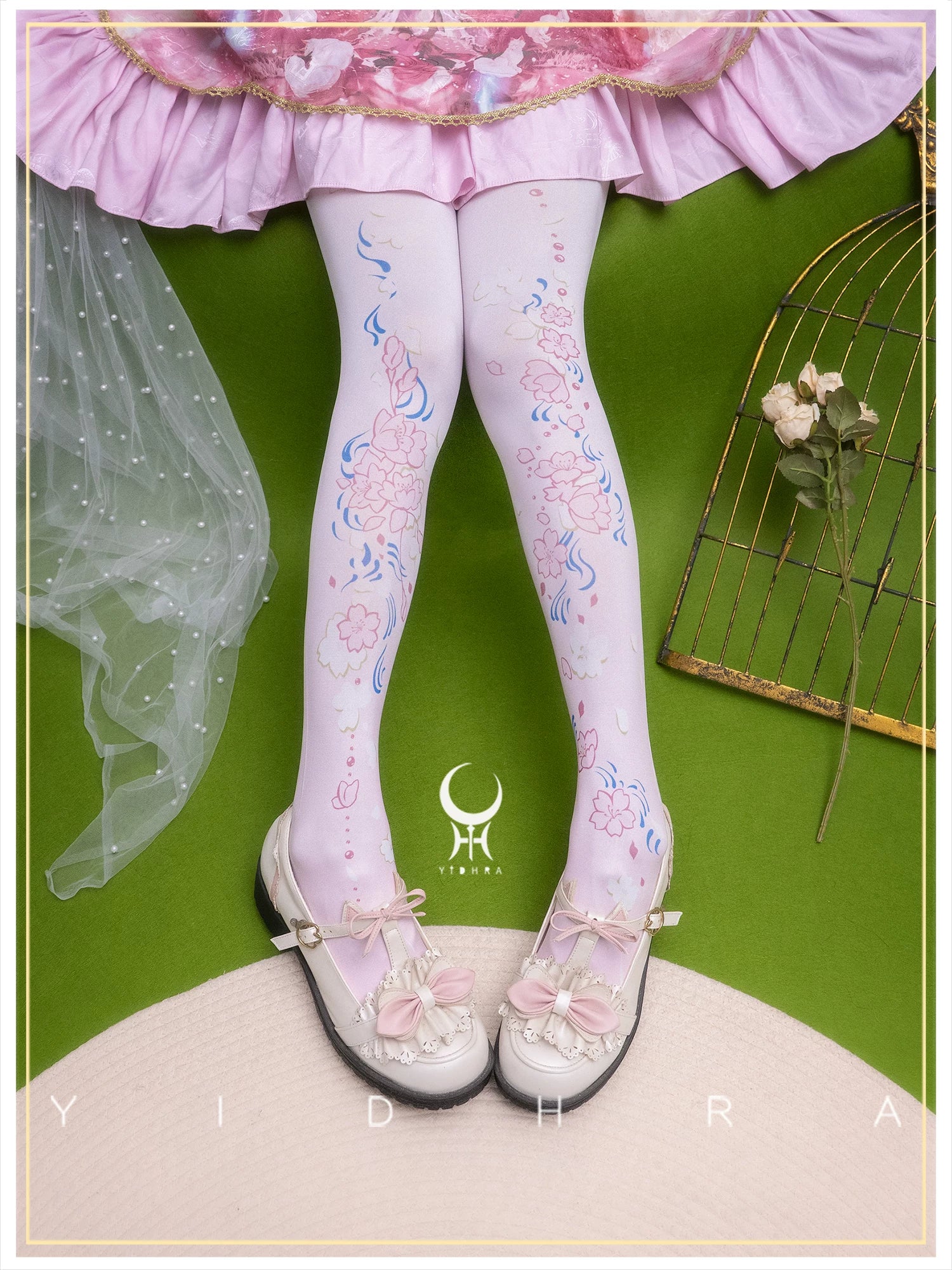 Floating Sakura - Stretchy Sakura Print Lolita Pantyhose - Image 2
