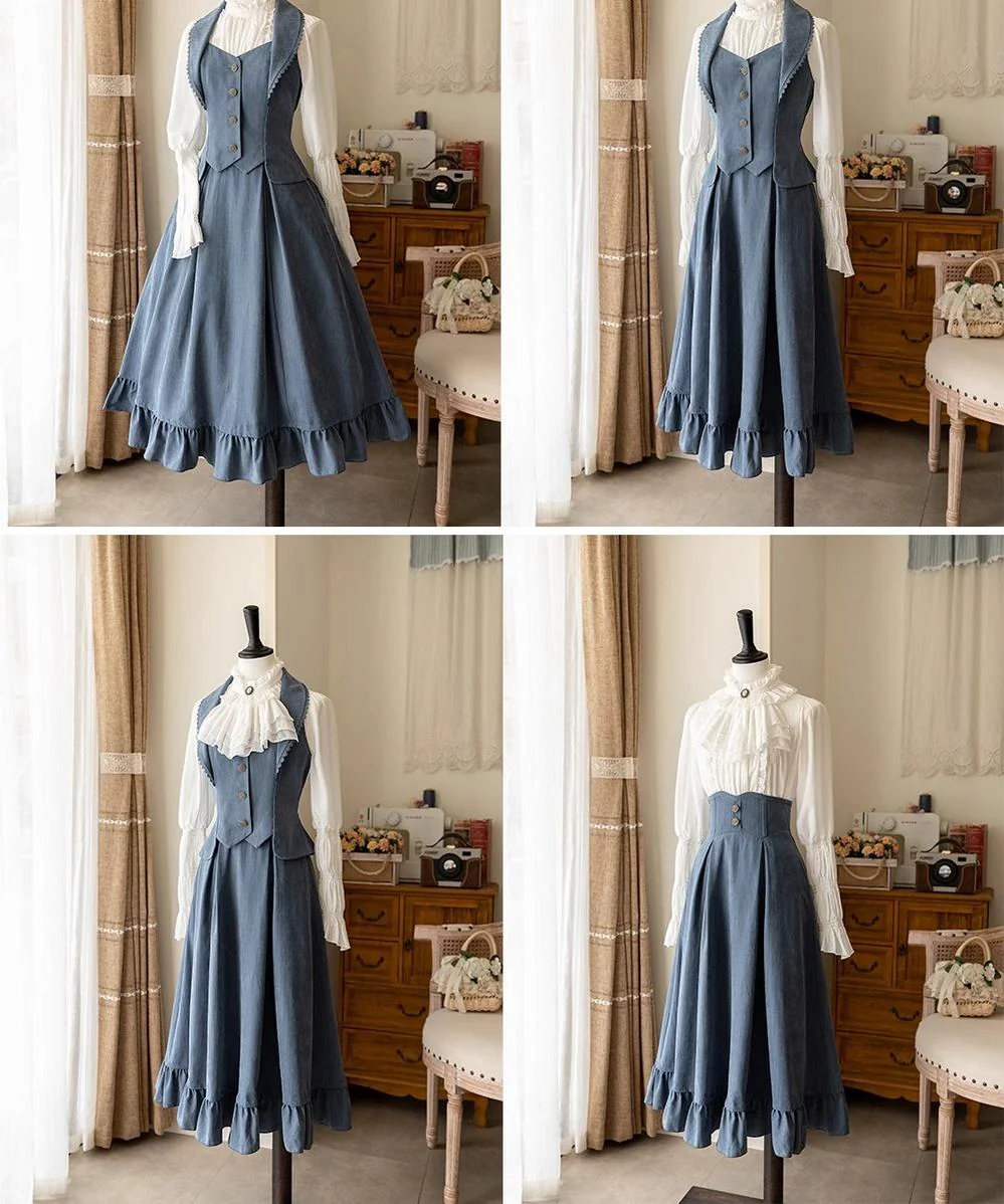 Misty Forest - Elegant Vintage Fishbone Lolita Long Skirt & Vest - Image 26