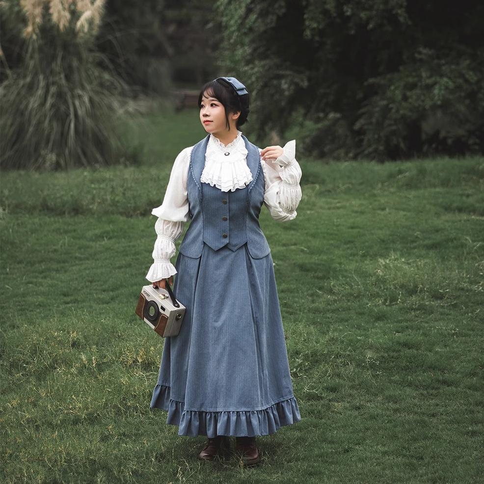 Misty Forest - Elegant Vintage Fishbone Lolita Long Skirt & Vest - Image 6