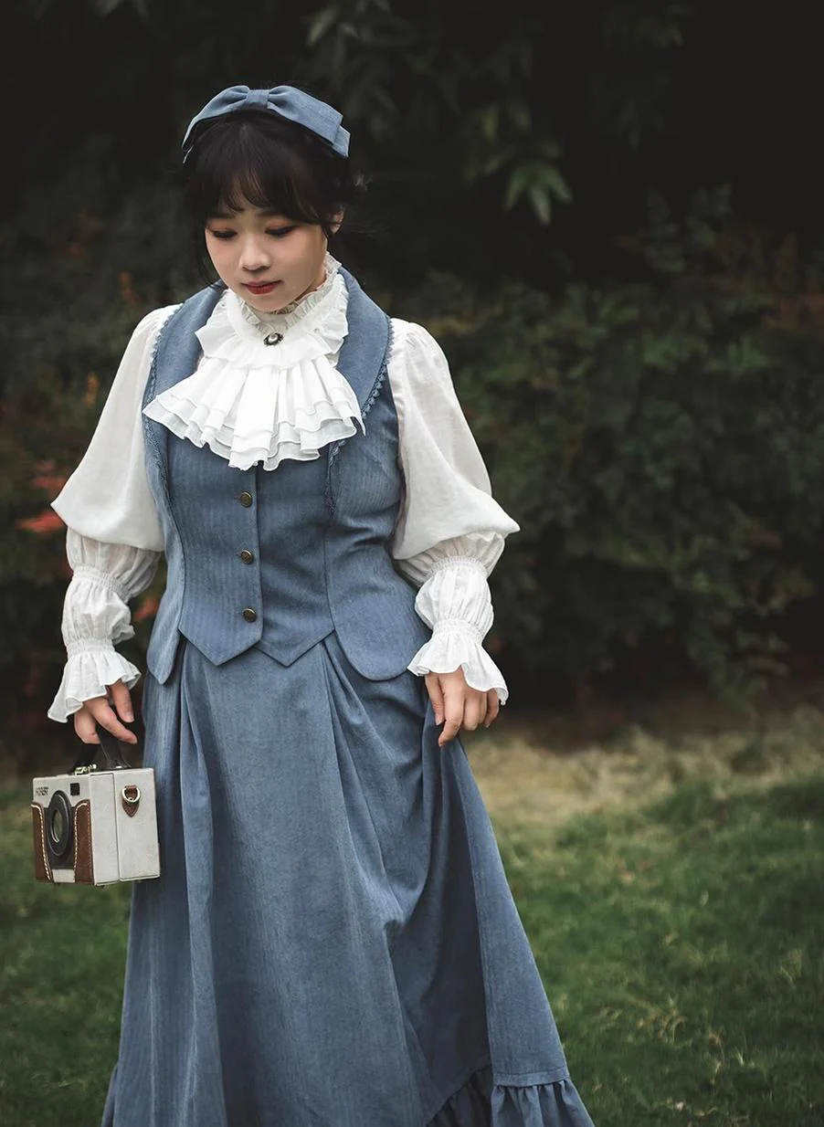 Misty Forest - Elegant Vintage Fishbone Lolita Long Skirt & Vest - Image 7