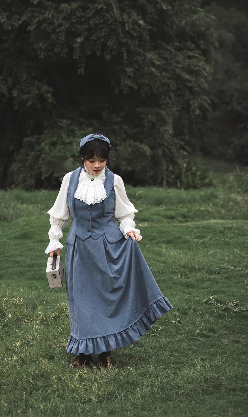 Misty Forest - Elegant Vintage Fishbone Lolita Long Skirt & Vest - Image 8