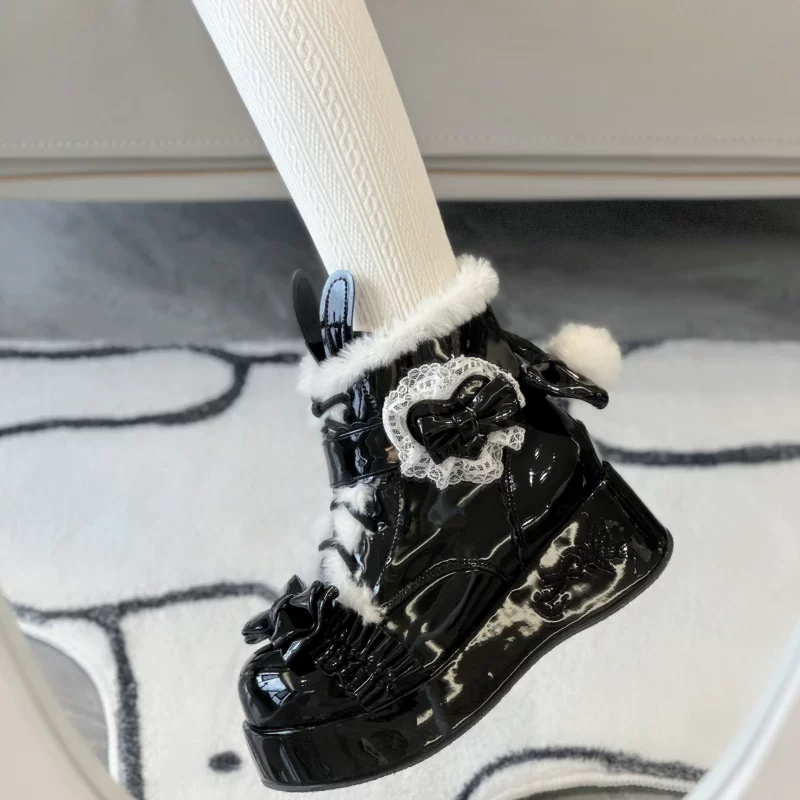 Bunny Tail - Fuzzy Kawaii Lolita Snow Boots, Detachable Plush Bow - Image 10