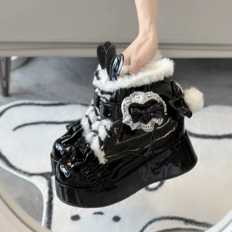 Bunny Tail - Fuzzy Kawaii Lolita Snow Boots, Detachable Plush Bow - Image 11