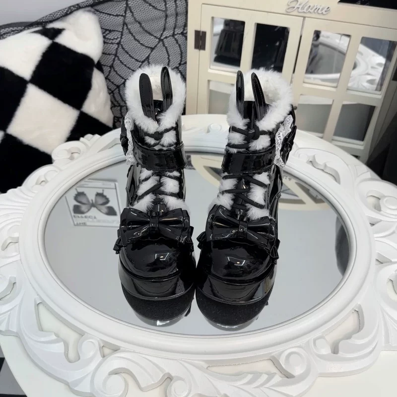 Bunny Tail - Fuzzy Kawaii Lolita Snow Boots, Detachable Plush Bow - Image 12
