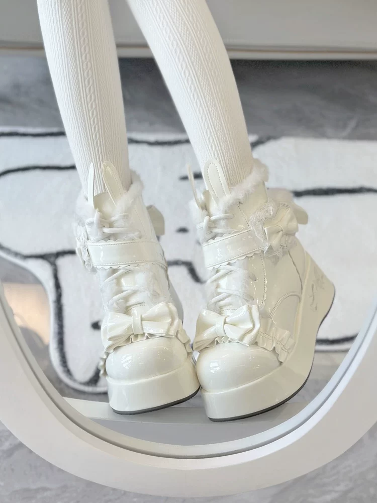 Bunny Tail - Fuzzy Kawaii Lolita Snow Boots, Detachable Plush Bow - Image 13