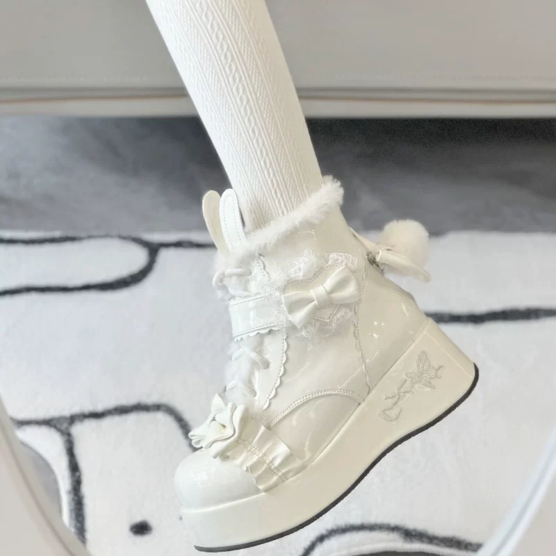Bunny Tail - Fuzzy Kawaii Lolita Snow Boots, Detachable Plush Bow - Image 14