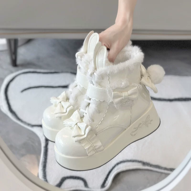 Bunny Tail - Fuzzy Kawaii Lolita Snow Boots, Detachable Plush Bow - Image 16