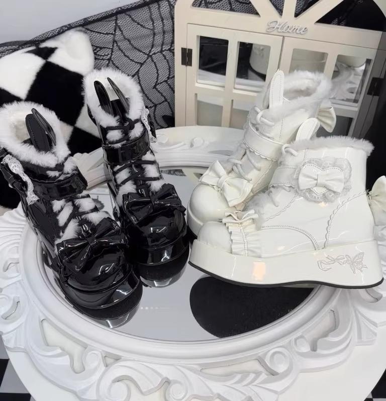 Bunny Tail - Fuzzy Kawaii Lolita Snow Boots, Detachable Plush Bow - Image 2