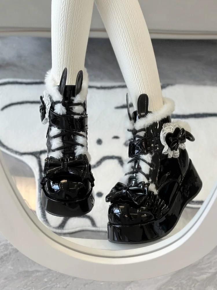 Bunny Tail - Fuzzy Kawaii Lolita Snow Boots, Detachable Plush Bow - Image 4