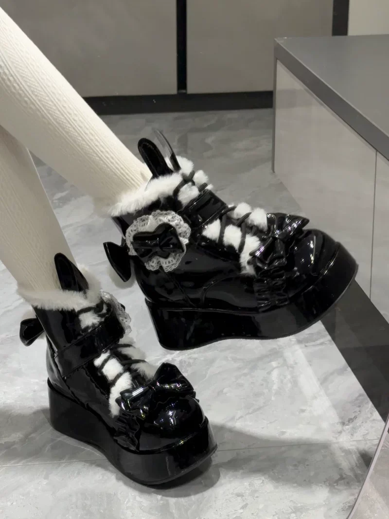 Bunny Tail - Fuzzy Kawaii Lolita Snow Boots, Detachable Plush Bow - Image 6