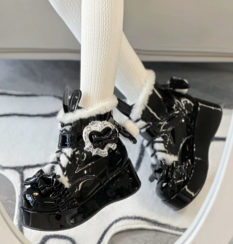Bunny Tail - Fuzzy Kawaii Lolita Snow Boots, Detachable Plush Bow - Image 9
