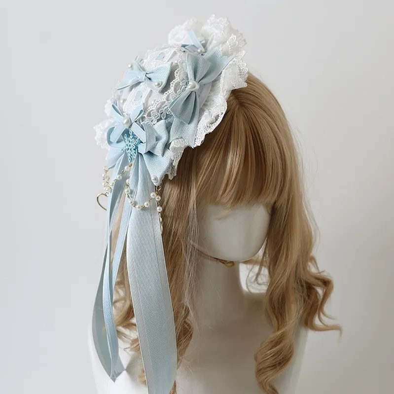 Xiaogui - Christmas Classic Lolita Lace Bow Ice Blue Bonnet - Image 3