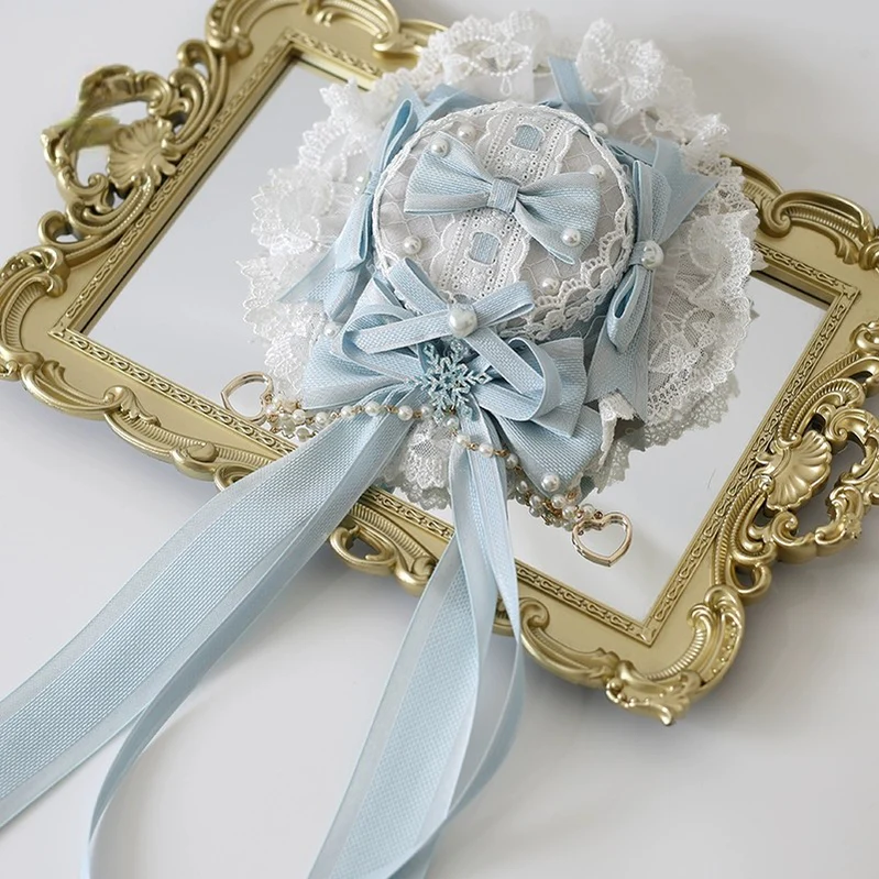 Xiaogui - Christmas Classic Lolita Lace Bow Ice Blue Bonnet - Image 4