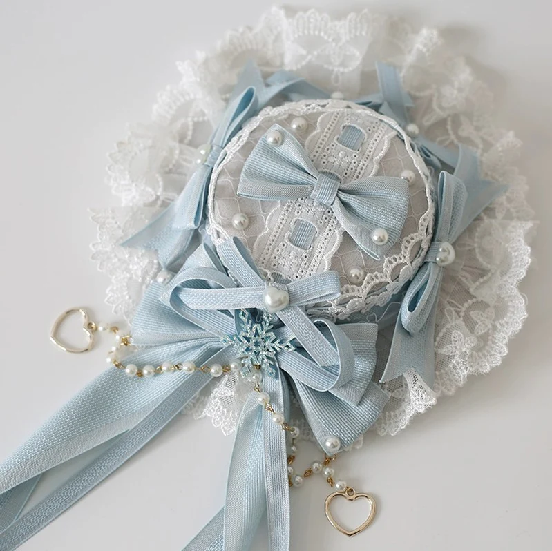 Xiaogui - Christmas Classic Lolita Lace Bow Ice Blue Bonnet - Image 5