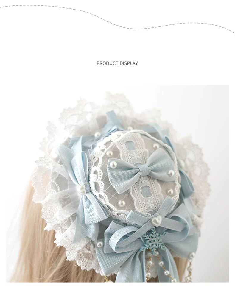 Xiaogui - Christmas Classic Lolita Lace Bow Ice Blue Bonnet - Image 6