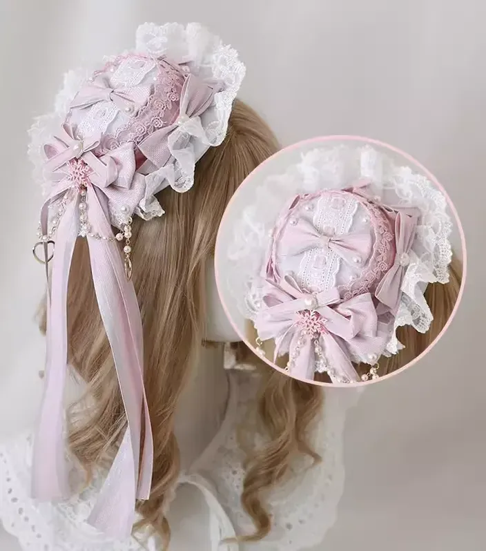 Xiaogui - Christmas Classic Lolita Lace Bow Ice Blue Bonnet - Image 9