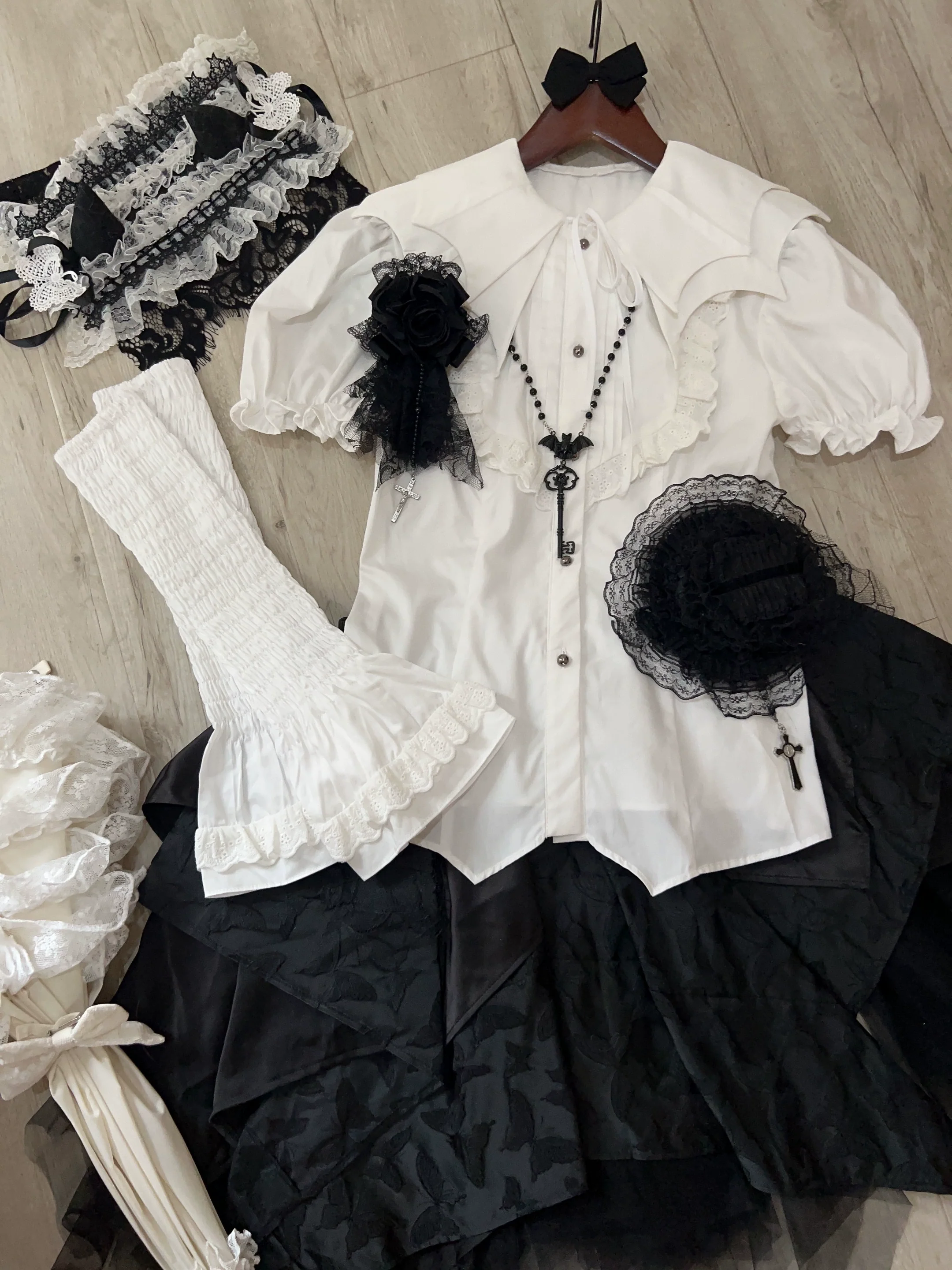 Gazing Galactic - Dusk Melody - Gothic Lolita Bat Shaped Collar Shirt, Detachable Jabot - Image 11
