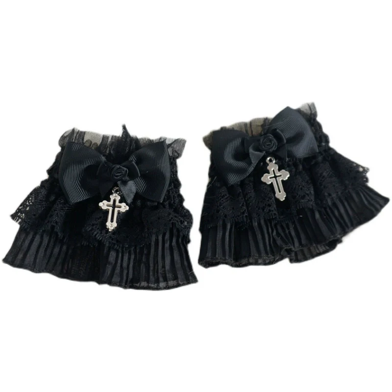 Gothic Lolita Cuffs Black Rose Lace Cross Stretch Handcuff - Image 3