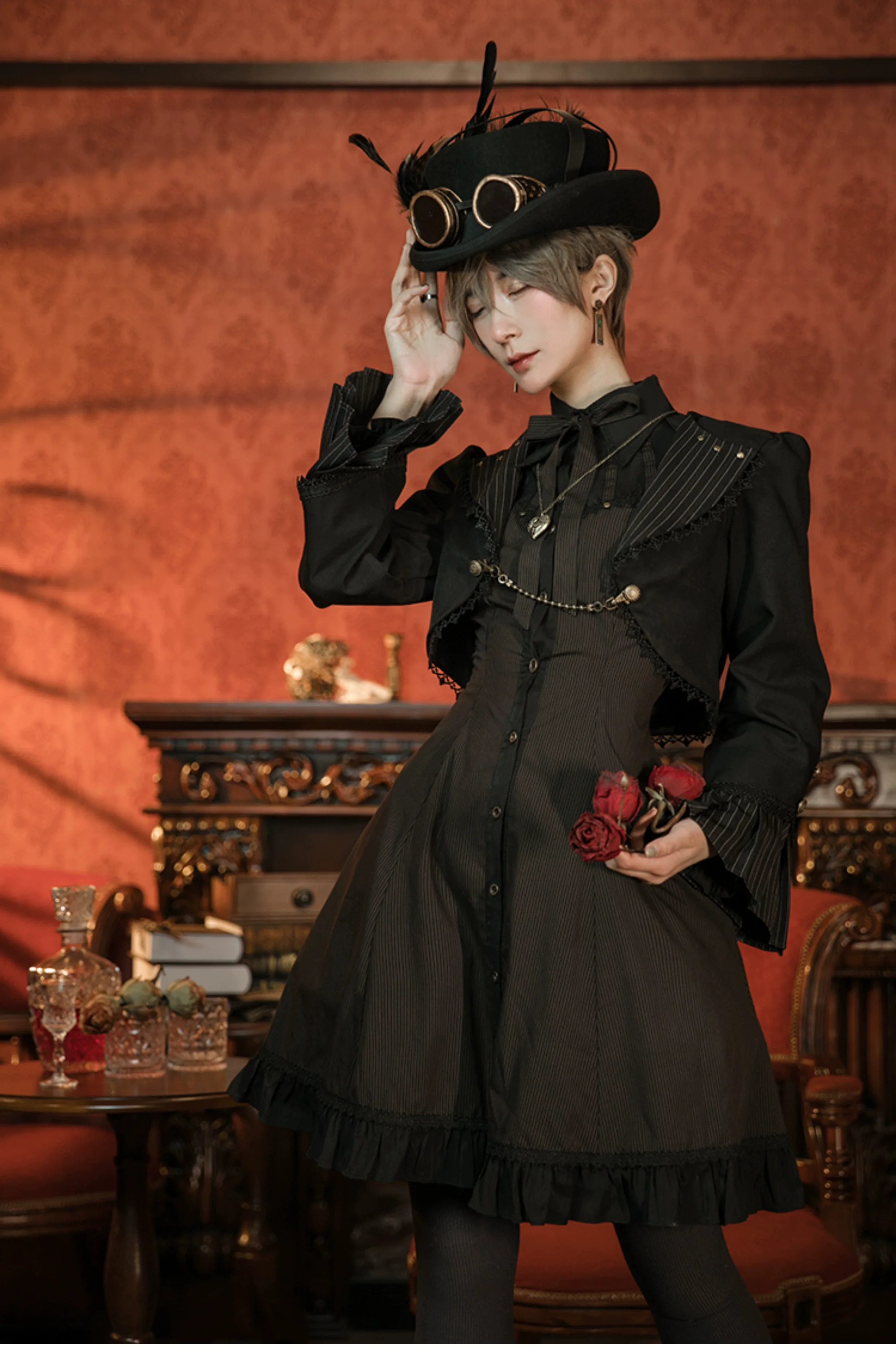 Mr. Yi's Steam Continent - Gothic Lolita Cardigan Long Sleeve Black Short Jacket - Image 25