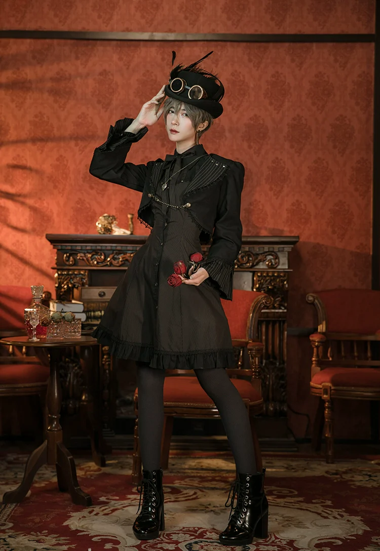 Mr. Yi's Steam Continent - Gothic Lolita Cardigan Long Sleeve Black Short Jacket - Image 27