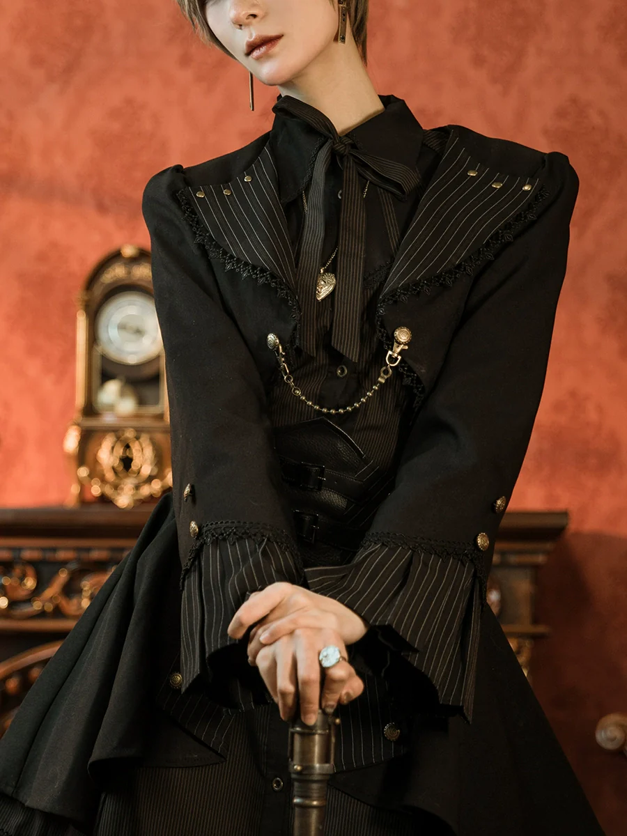 Mr. Yi's Steam Continent - Gothic Lolita Cardigan Long Sleeve Black Short Jacket - Image 38