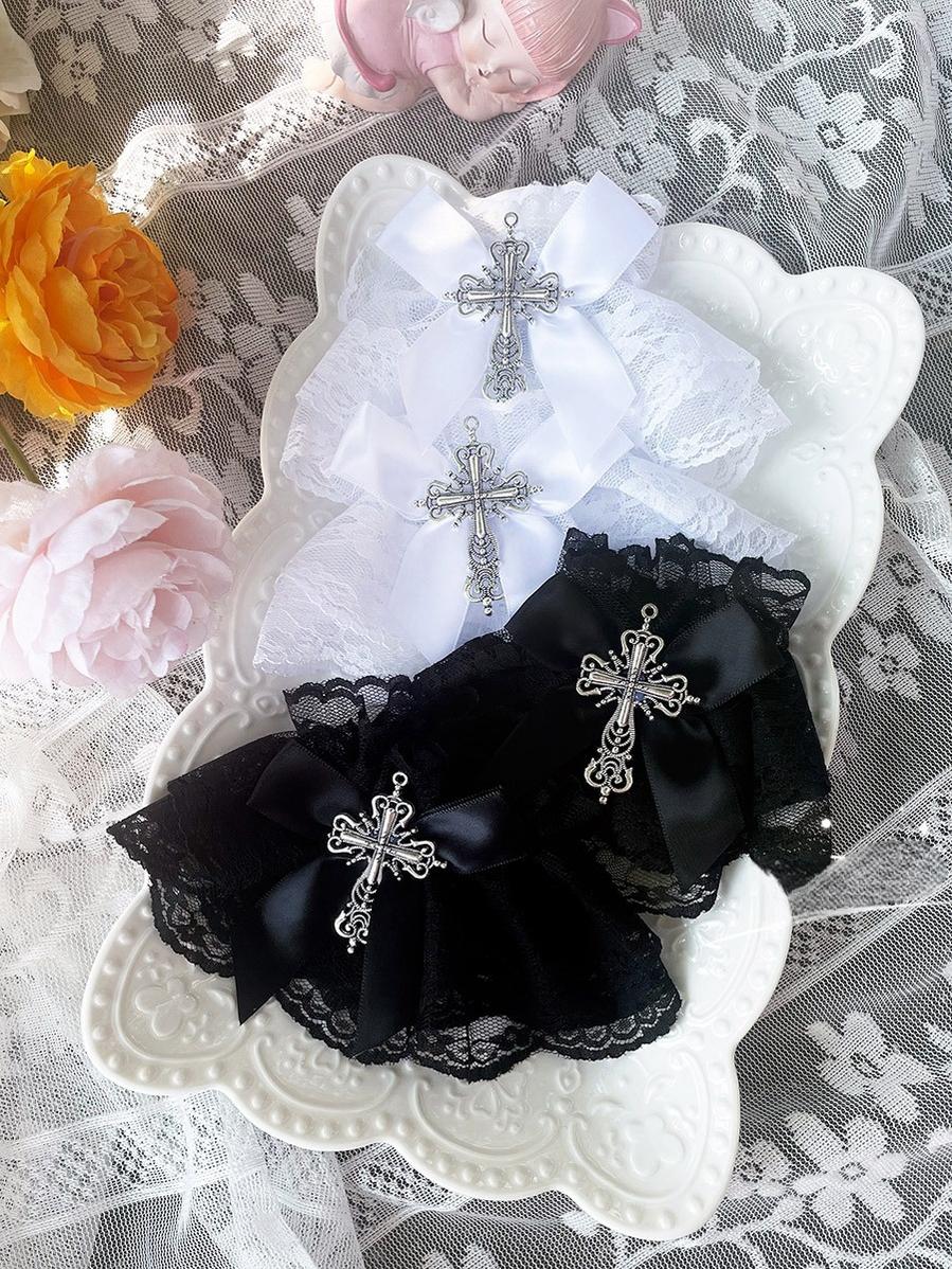 Hua Nai Cat - Gothic Lolita Cuffs with Cross Black and White Hand Sleeve - Image 10