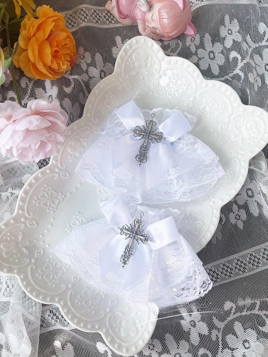 Hua Nai Cat - Gothic Lolita Cuffs with Cross Black and White Hand Sleeve - Image 11