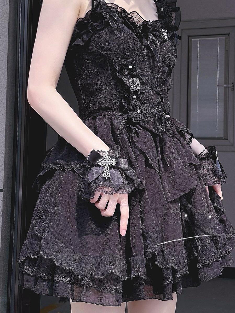 Hua Nai Cat - Gothic Lolita Cuffs with Cross Black and White Hand Sleeve - Image 4