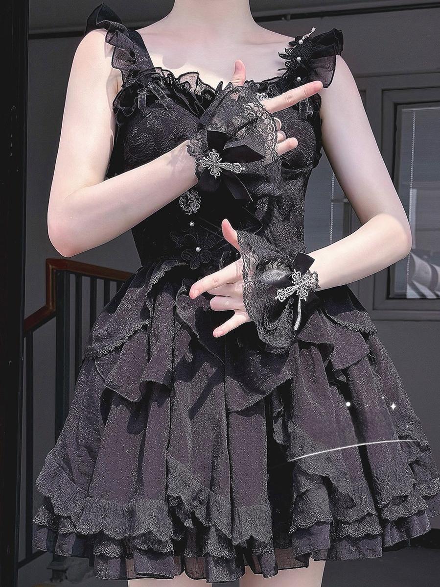 Hua Nai Cat - Gothic Lolita Cuffs with Cross Black and White Hand Sleeve - Image 5