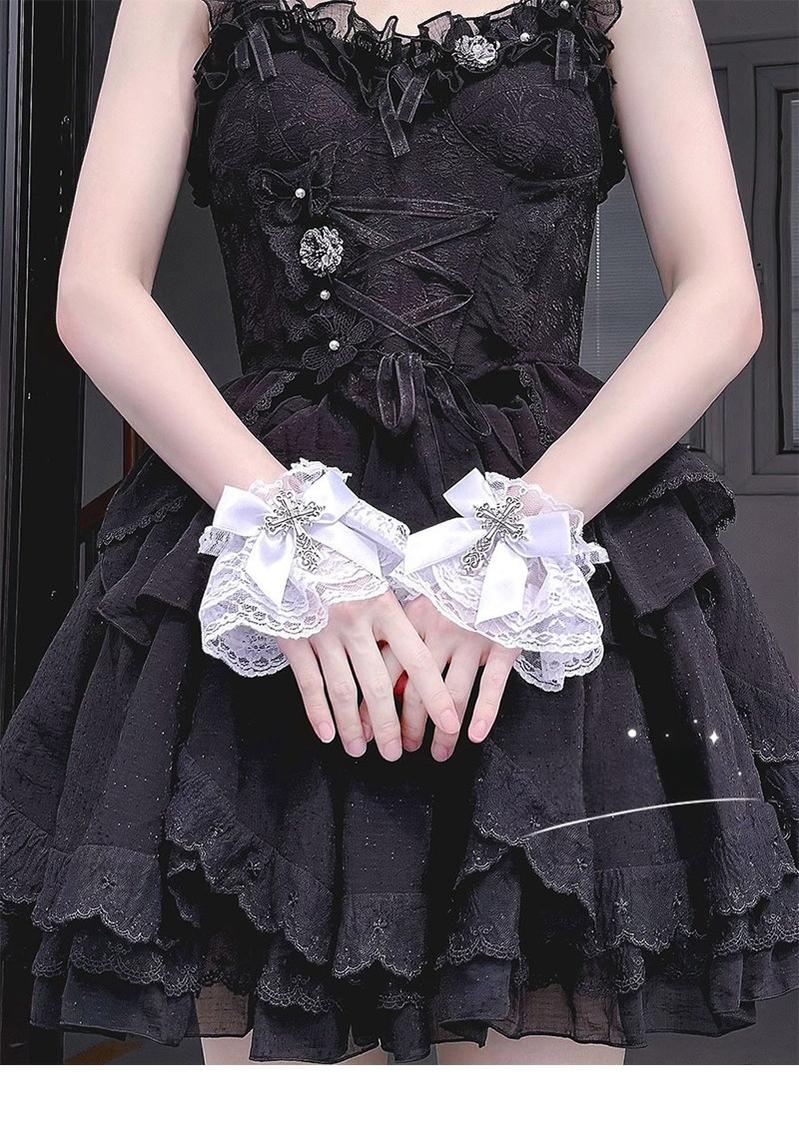 Hua Nai Cat - Gothic Lolita Cuffs with Cross Black and White Hand Sleeve - Image 7