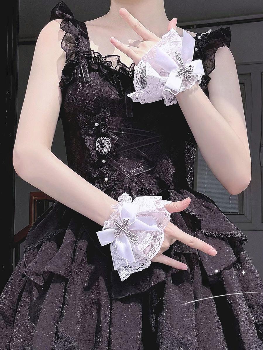 Hua Nai Cat - Gothic Lolita Cuffs with Cross Black and White Hand Sleeve - Image 8