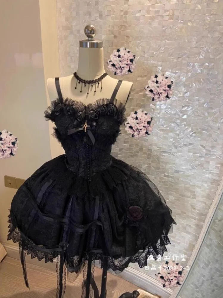 Doujiang - Rose Cage - Gothic Lolita Dress Black Suspender Dress - Image 10