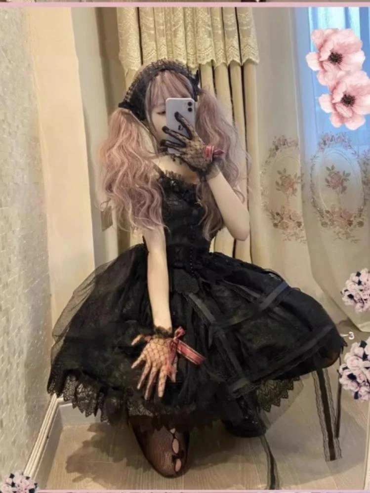 Doujiang - Rose Cage - Gothic Lolita Dress Black Suspender Dress - Image 6