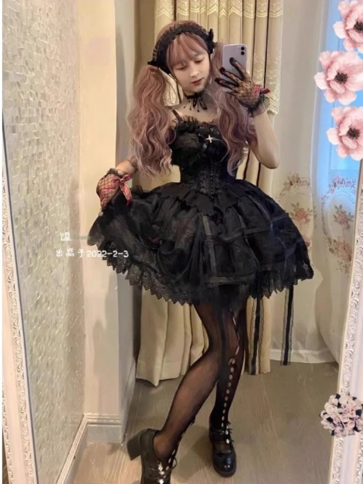 Doujiang - Rose Cage - Gothic Lolita Dress Black Suspender Dress - Image 7