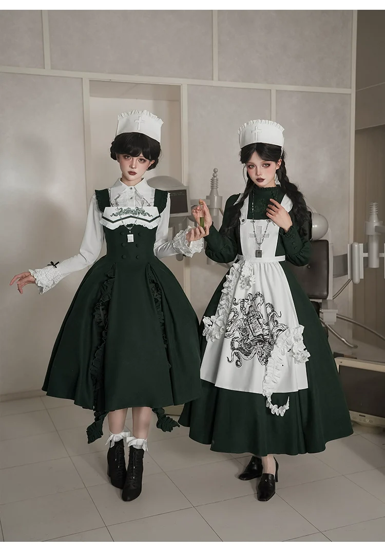 Abyss Clinic - Gothic Lolita Green Dress Set, Embroidery Accent