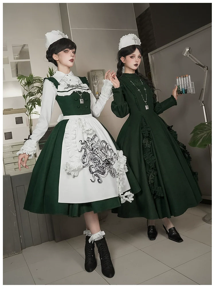 Abyss Clinic - Gothic Lolita Green Dress Set, Embroidery Accent - Image 17
