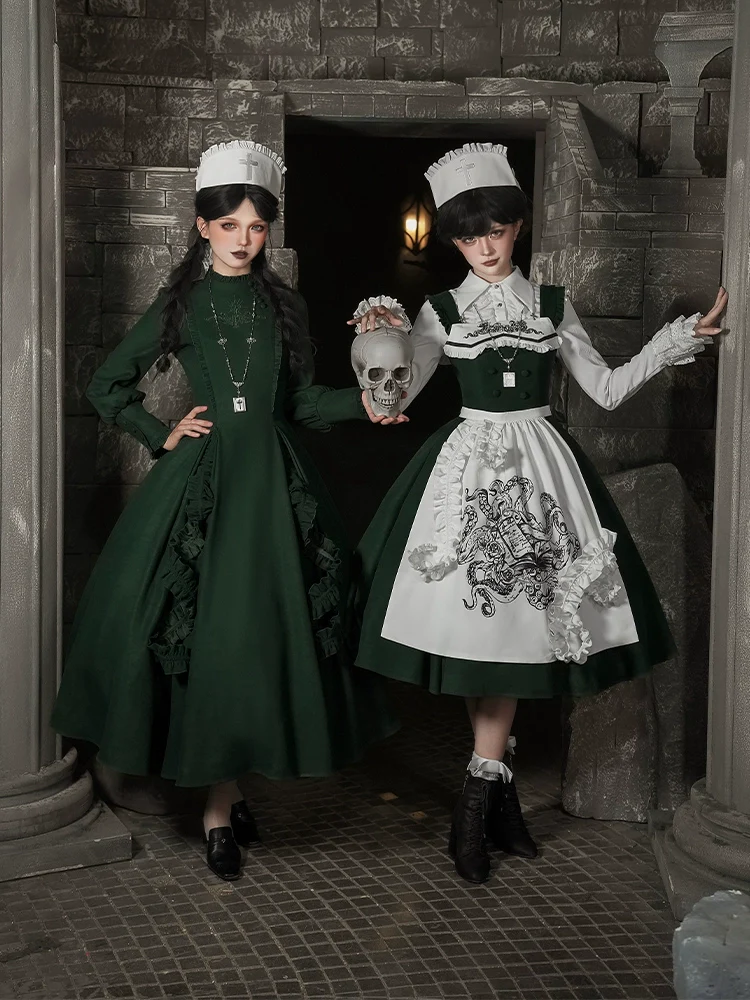 Abyss Clinic - Gothic Lolita Green Dress Set, Embroidery Accent - Image 18