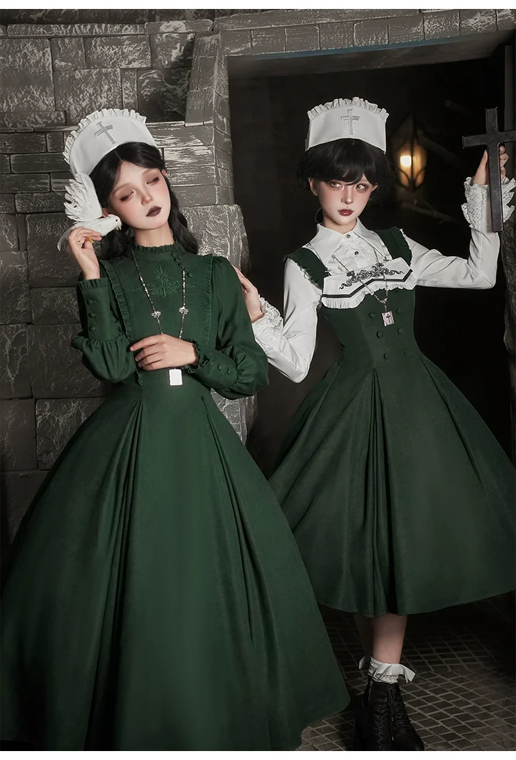 Abyss Clinic - Gothic Lolita Green Dress Set, Embroidery Accent - Image 20