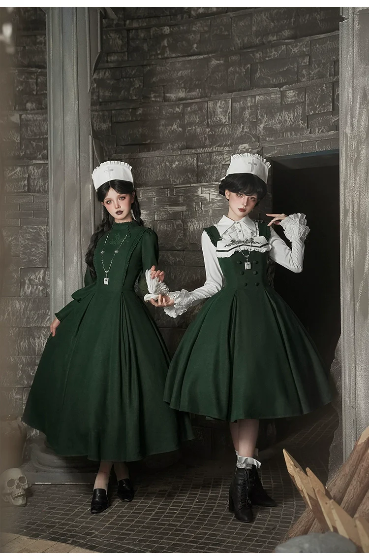 Abyss Clinic - Gothic Lolita Green Dress Set, Embroidery Accent - Image 22